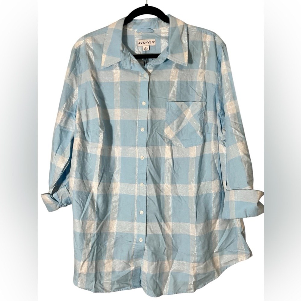 Ava & Viv Light Blue & White Plaid Button-Up Shirt